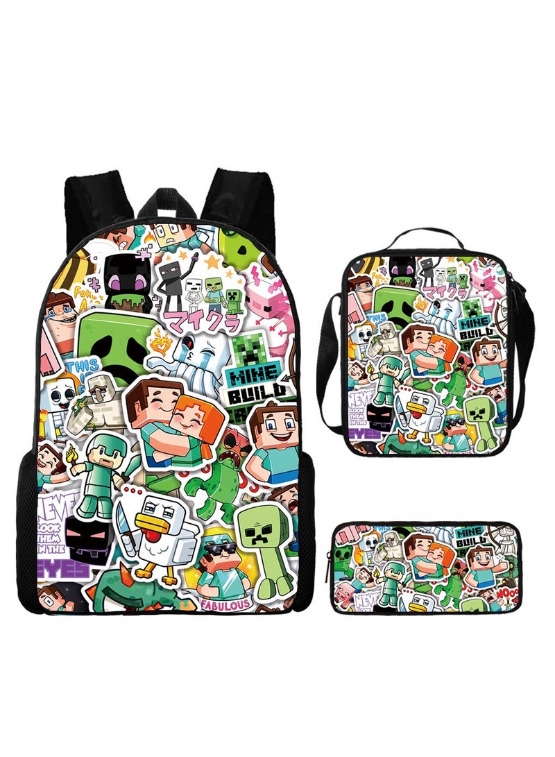 MINECRAFT Digital Printing Large Capacity Backpack Three piece Set Lunch Bag Pen Bag Polyester Comfortable Load Reducing Backpack for Students and Children Unisex - Image 1