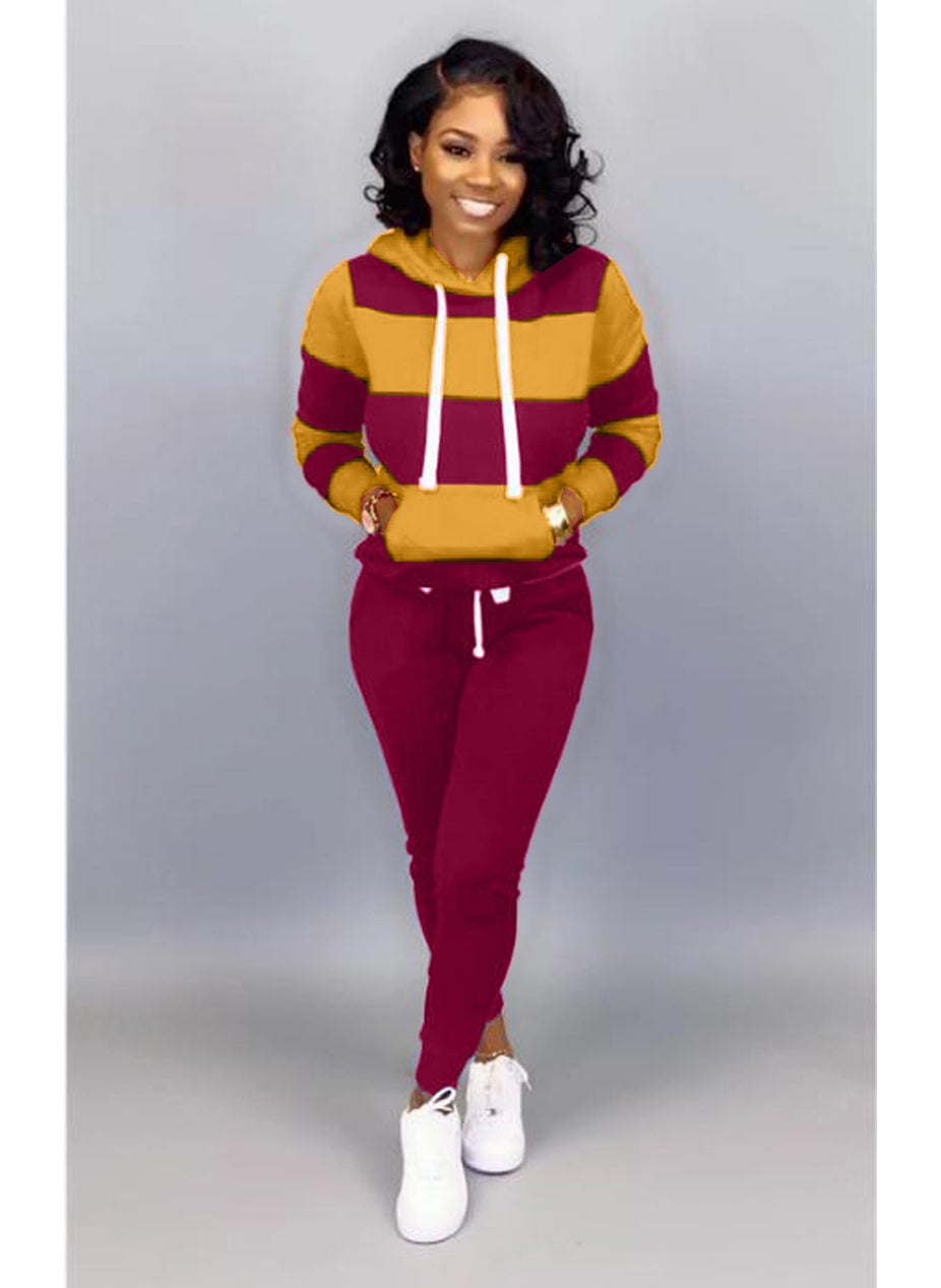 Generic Fashionable Womens Hoodie  Pants Set Rose + Yellow  - Image 1
