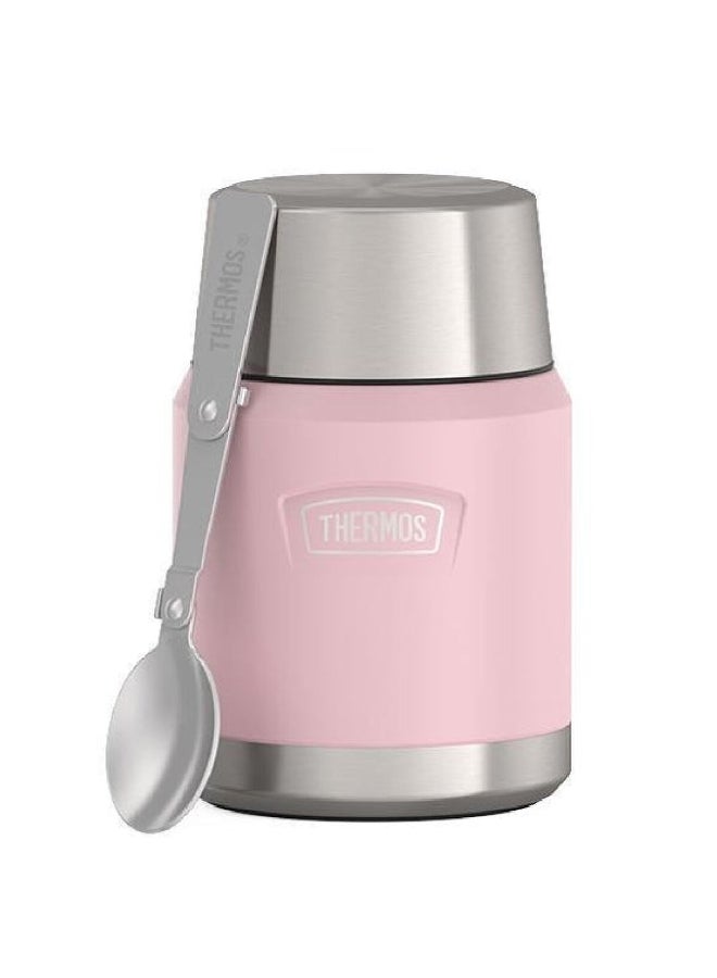 ترموس وعاء طعام من بتقنية العزل ومصنوع من الستانلس ستيل ويأتيك بلون وردي وسلفر مع ملعقة قابلة للطي بسعة 16 أونصة - Image 1