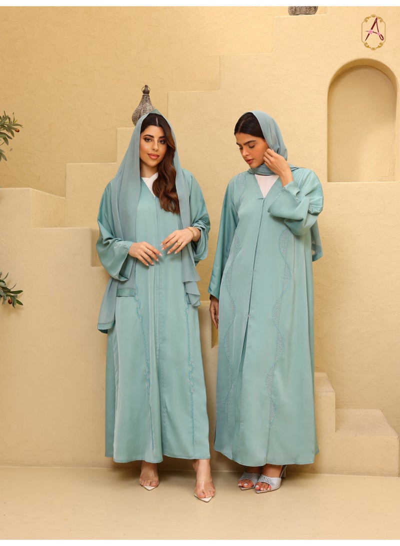عباية خضراء سيج للنساء مع شيلة مطابقة | فستان إسلامي محتشم فاخر | طقم عباية أنيق وراقي - Image 2