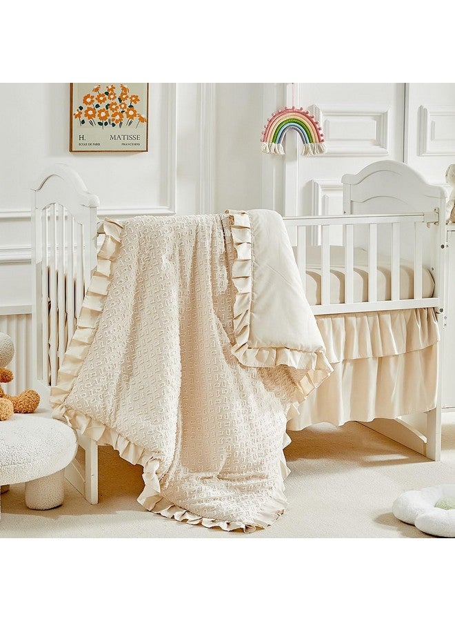 Flysheep 3 Pieces Tufted Crib Bedding Set with Ruffle Fringe, Beige Ruffled Comforter with Fitted Sheet and Bed Skirt, Soft and Embroidery Shabby Chic Boho Bohemian Jacquard Design for Baby Girls Boys - Image 1