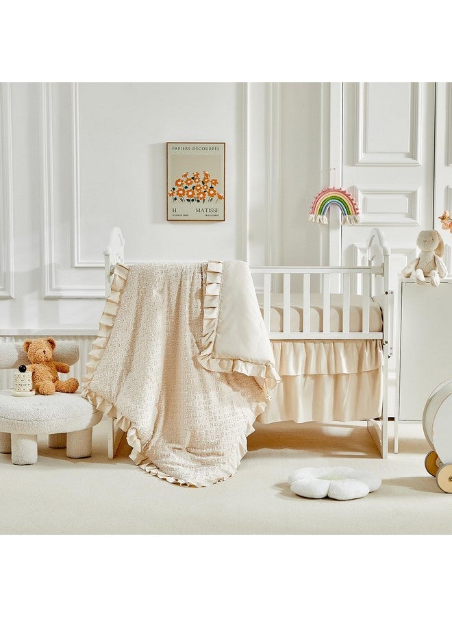Flysheep 3 Pieces Tufted Crib Bedding Set with Ruffle Fringe, Beige Ruffled Comforter with Fitted Sheet and Bed Skirt, Soft and Embroidery Shabby Chic Boho Bohemian Jacquard Design for Baby Girls Boys - Image 3