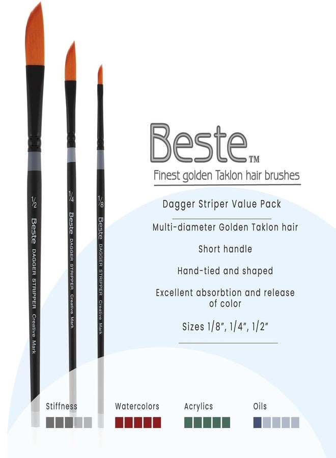 Creative Mark Beste Golden Taklon Dagger Striper 3 Pack [1/8, 1/4, 12"], Professional Watercolor Brushes, for Acrylic Painting, Short Handle, Sharp Edges, Hand-Tied & Shaped - Image 2