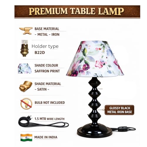 tu casa Halo Glow Table Lamp | Black Metal Base | Multi Color Floral Print Shade | Warm Light Bedside Night Lamp for Bedroom Living Room Office Study | Home Décor & Gifting | H-15 Inch (No Bulb) - Image 4
