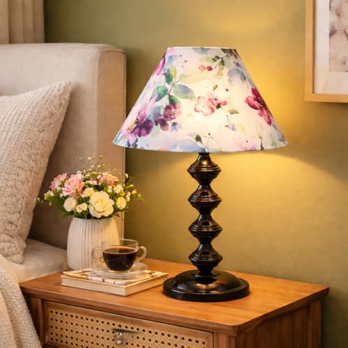 tu casa Halo Glow Table Lamp | Black Metal Base | Multi Color Floral Print Shade | Warm Light Bedside Night Lamp for Bedroom Living Room Office Study | Home Décor & Gifting | H-15 Inch (No Bulb) - Image 1