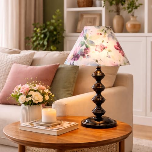 tu casa Halo Glow Table Lamp | Black Metal Base | Multi Color Floral Print Shade | Warm Light Bedside Night Lamp for Bedroom Living Room Office Study | Home Décor & Gifting | H-15 Inch (No Bulb) - Image 2