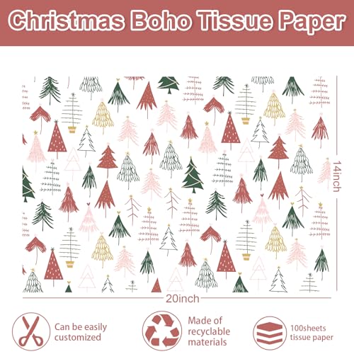 Whaline ورق تغليف عيد الميلاد من واهلين 100 ورقة ورق شجر بوهيمي وردي لتغليف الهدايا ورق فنون للحرف اليدوية لتزيين المنزل DIY أكياس الهدايا عيد الميلاد شتاء رأس السنة الجديدة - Image 2