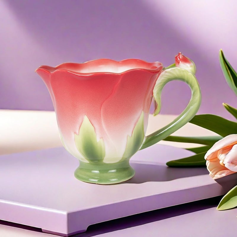 ONEUSTAR Tea Cup and Saucer Set for 1 Ceramic Bone China Handicraft Rose Flower Shaped Coffee Cup with Spoon 6 Oz Teacup for Christmas Gift Red - Image 3