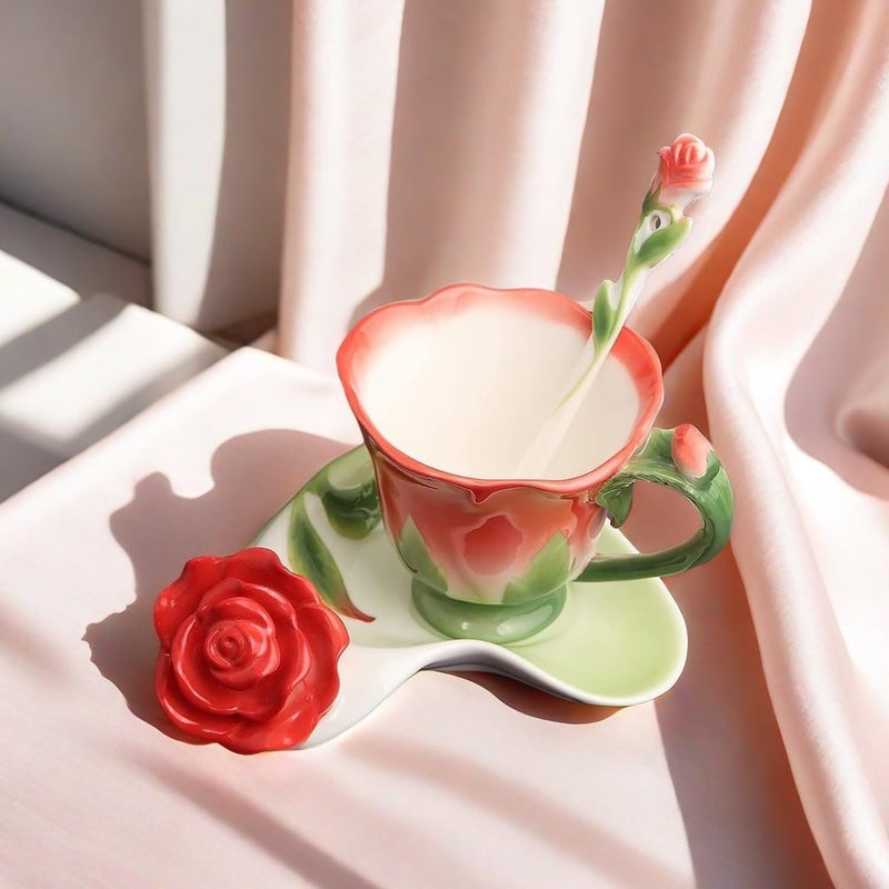 ONEUSTAR Tea Cup and Saucer Set for 1 Ceramic Bone China Handicraft Rose Flower Shaped Coffee Cup with Spoon 6 Oz Teacup for Christmas Gift Red - Image 2