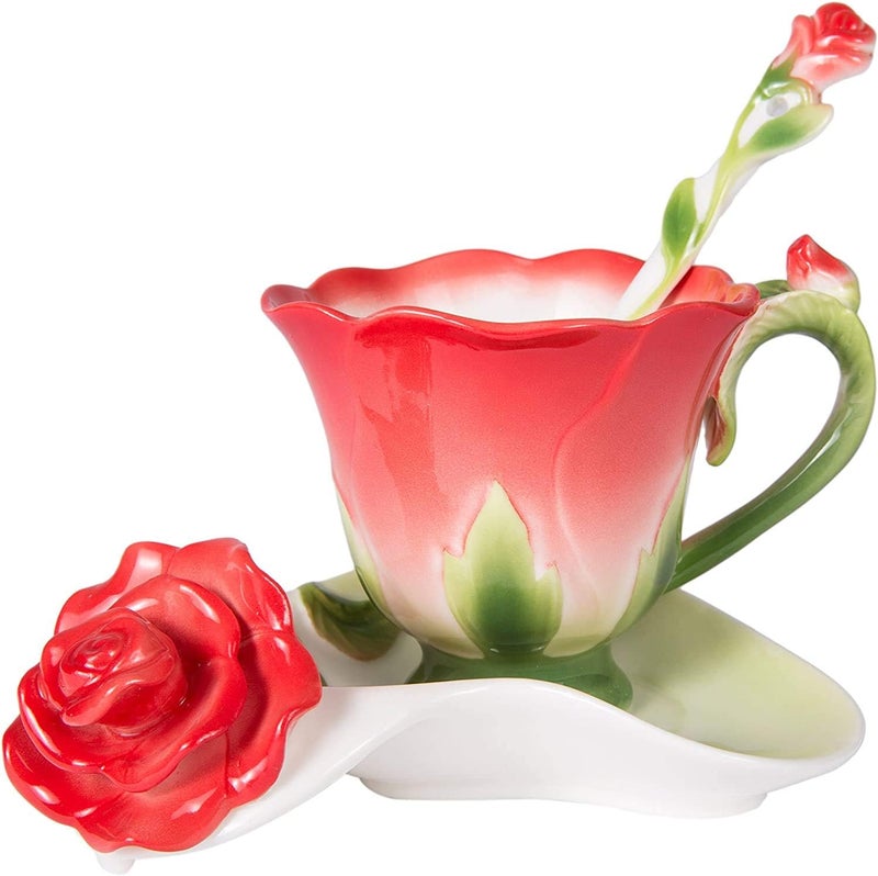 ONEUSTAR Tea Cup and Saucer Set for 1 Ceramic Bone China Handicraft Rose Flower Shaped Coffee Cup with Spoon 6 Oz Teacup for Christmas Gift Red - Image 1
