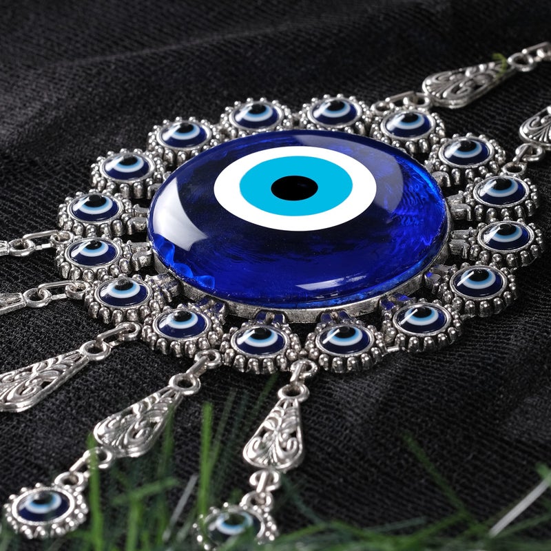 BCS Evil Eye Eye Wall Decor 4.3'W x 12.2'l Metal - Glass Turkish Greek Nazar Amblet حظًا سعيدًا وسحر الحماية - زخرفة معلقة يدويًا لباب المكتب المنزلي - Ojo Turco - Image 3