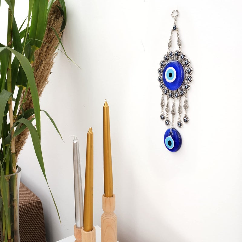 BCS Evil Eye Eye Wall Decor 4.3'W x 12.2'l Metal - Glass Turkish Greek Nazar Amblet حظًا سعيدًا وسحر الحماية - زخرفة معلقة يدويًا لباب المكتب المنزلي - Ojo Turco - Image 5