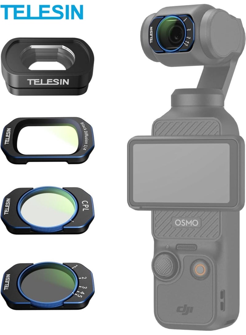 تيليسن طقم فلاتر مغناطيسية لكاميرات DJI Osmo Pocket 4/3 و Xtra Muse – يتضمن عدسة واسعة الزاوية (0.72x) لتوسيع مجال الرؤية، وفلتر VND (ND 2–32)، وفلتر CPL، وفلتر Black Diffusion 1/4؛ ملحقات فلاتر عدسة بنظام التثبيت السريع (Snap-On) مثالية لمدونات الفيديو (Vlog) والسفر. - Image 1