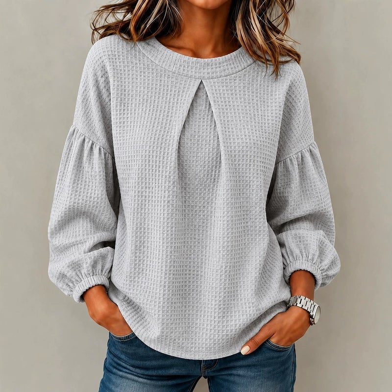 Women's Spliced Lantern Sleeve Waffle Crew Neck Solid Color Long Sleeve Blouse - Image 3