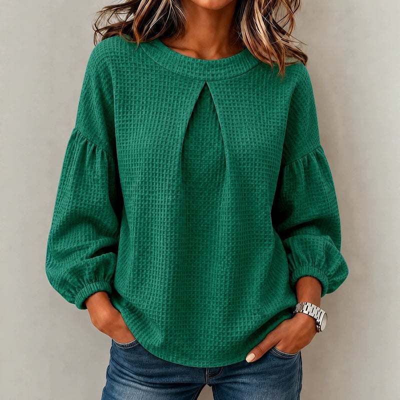 Women's Spliced Lantern Sleeve Waffle Crew Neck Solid Color Long Sleeve Blouse - Image 4