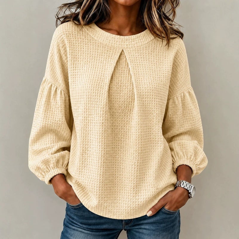 Women's Spliced Lantern Sleeve Waffle Crew Neck Solid Color Long Sleeve Blouse - Image 1