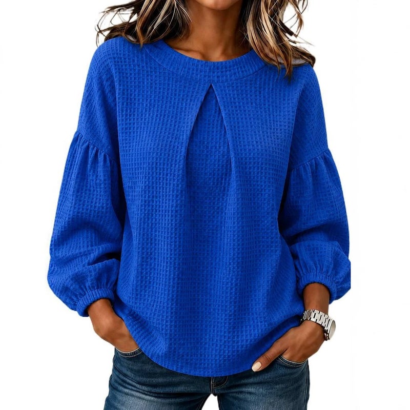 Women's Spliced Lantern Sleeve Waffle Crew Neck Solid Color Long Sleeve Blouse - Image 5