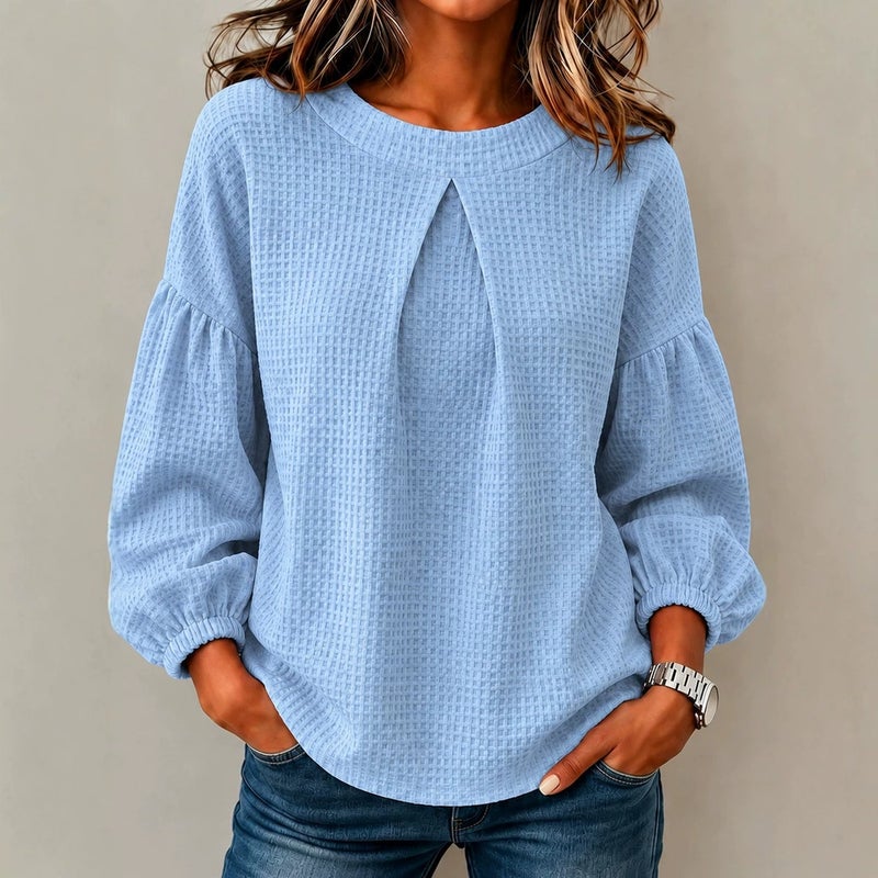 Women's Spliced Lantern Sleeve Waffle Crew Neck Solid Color Long Sleeve Blouse - Image 2