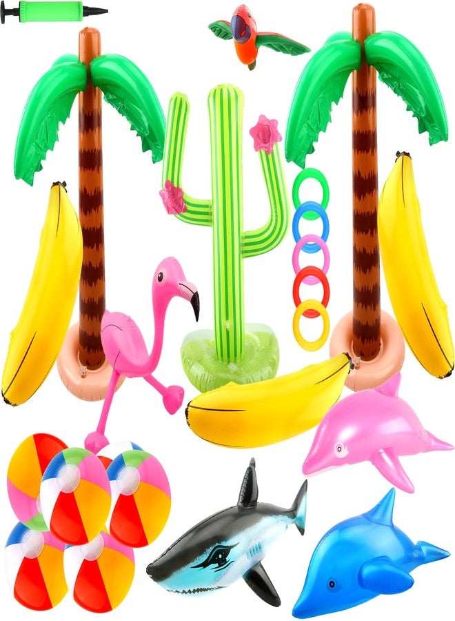 Cotiny 24 Pack Inflatable Palm Tree Flamingo Inflatable Beach Ball Cactus Shark Dolphin Banana Swim Ring Toss for Beach Party Hawaiian Party Decor Outdoor Activities - Image 1
