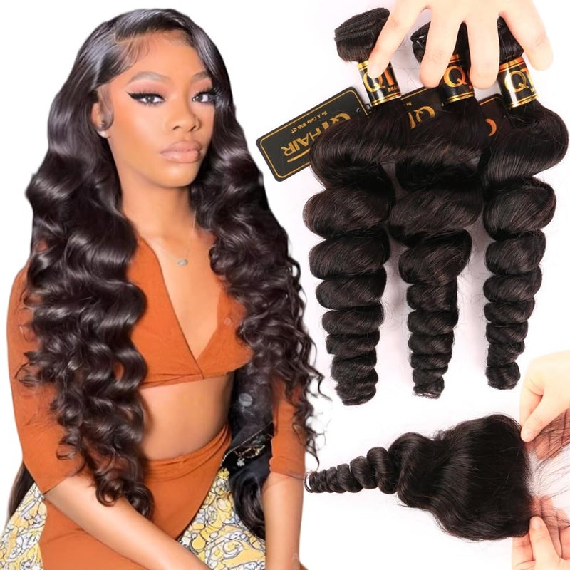 QTHAIR QTHAIR Brazilian Virgin Hair Loose Wave Bundles Human Hair 16A 100 Unprocessed Loose Wave Bundle with Closure Brazilian Human Hair Bundles 20 18 16 14 Closure 