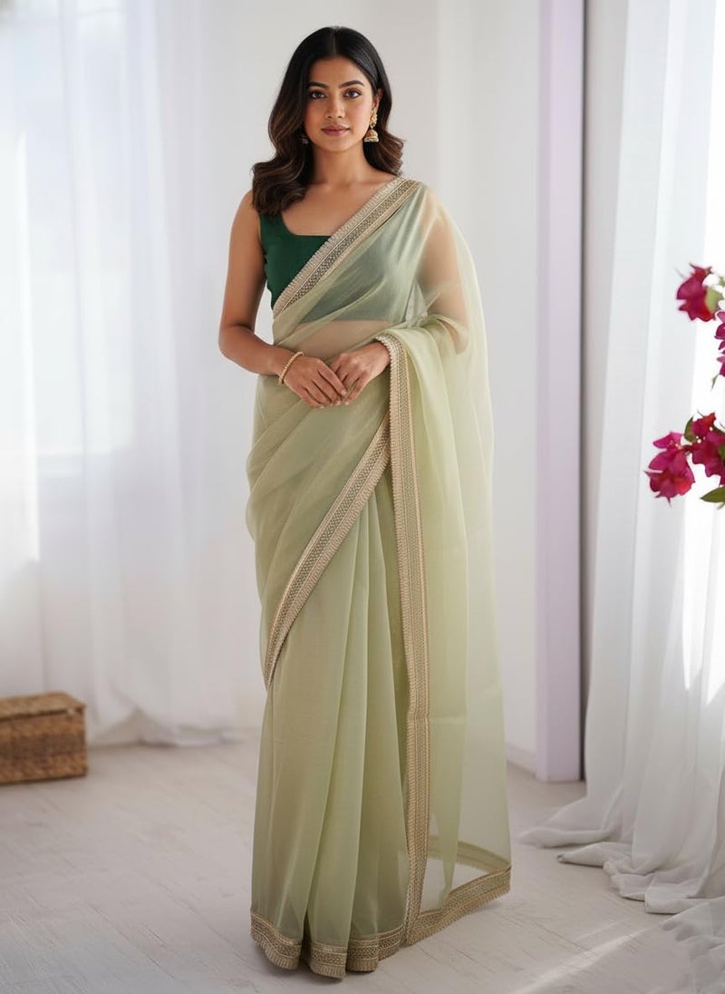 Yashika Women's Organza Plain Lace Border Saree | Green Color Saree | Women Sari | Saree_(AZ-YS-OG3-DILBAR GREEN) - Image 4