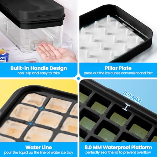 PHINOX Ice Cube Tray with Lid and Bin, PHINOX 64 pcs Ice Trays for Freezer, Ice Cube Trays for Freezer with 2 trays, Container, Lid & Ice Scoop, BPA Free, Black - Image 4