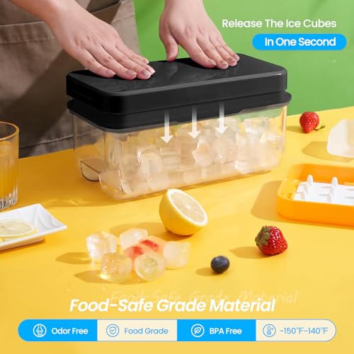 PHINOX Ice Cube Tray with Lid and Bin, PHINOX 64 pcs Ice Trays for Freezer, Ice Cube Trays for Freezer with 2 trays, Container, Lid & Ice Scoop, BPA Free, Black - Image 3