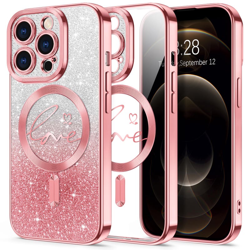 Hython for iPhone 12 Pro Max Case Glitter, Compatible with MagSafe Love Heart Magnetic Clear Phone Cases for Women Girls, Full Camera Protection Sparkle Plating Shockproof Protective Cover, Pink - Image 1