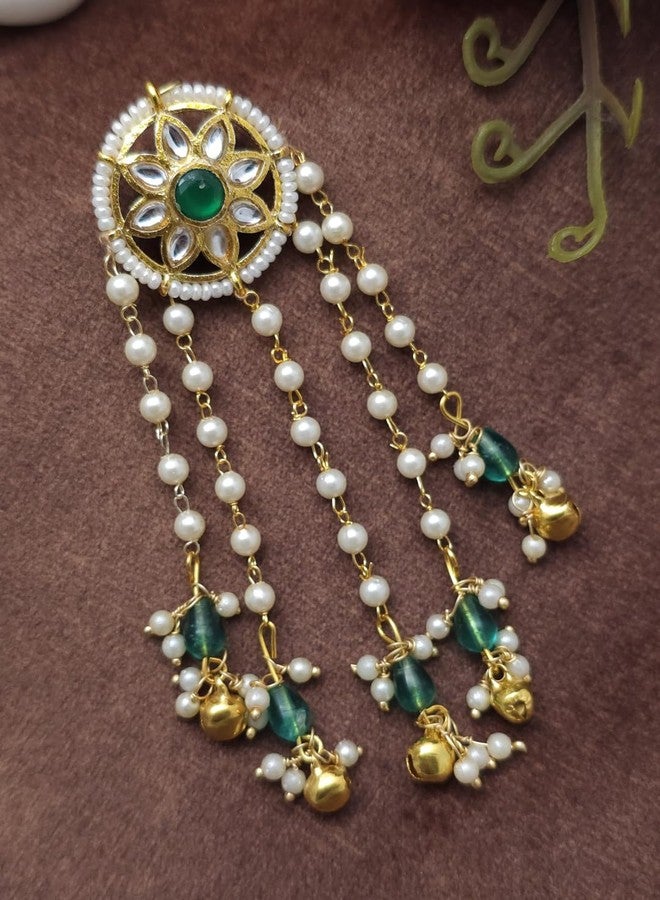 مشبك شعر تقليدي من توينشو، مطلي بالذهب مع خرز وأجراس غونغرو، إكسسوارات شعر للعرائس، مشبك شعر تقليدي من كوندان مرصع باللؤلؤ للنساء (أخضر) - Image 3