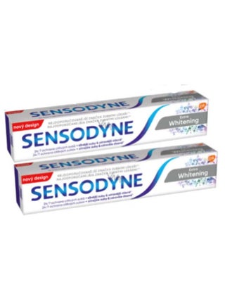 Two pieces of Sensodyne toothpaste for sensitive teeth and protection from cavities and extra whitening