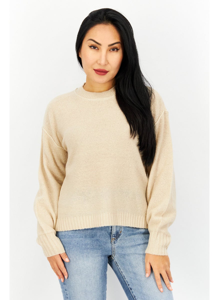 EDC Women Crew Neck Knitted Sweater, Tan  - Image 1