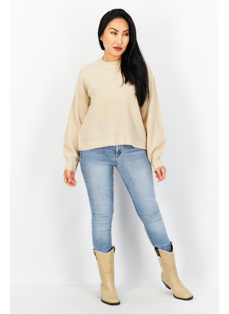 EDC Women Crew Neck Knitted Sweater, Tan  - Image 3