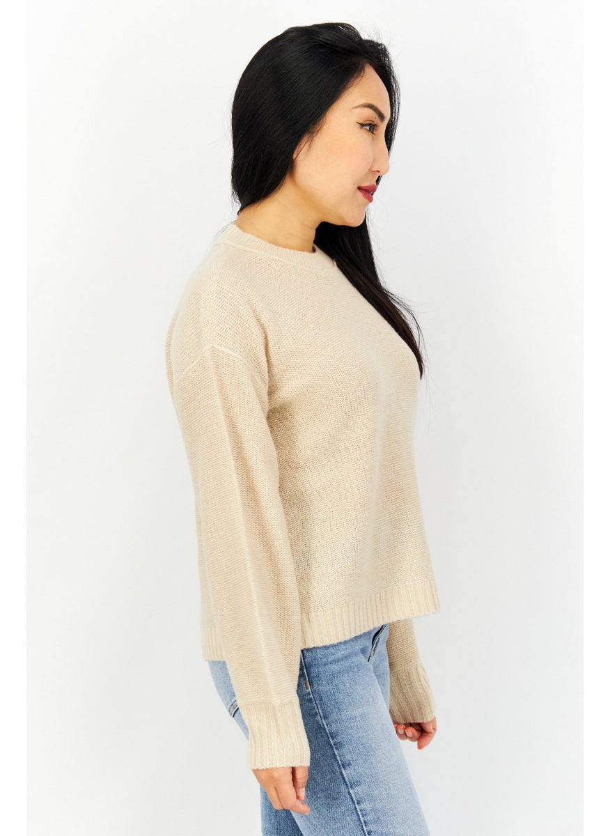 EDC Women Crew Neck Knitted Sweater, Tan  - Image 4