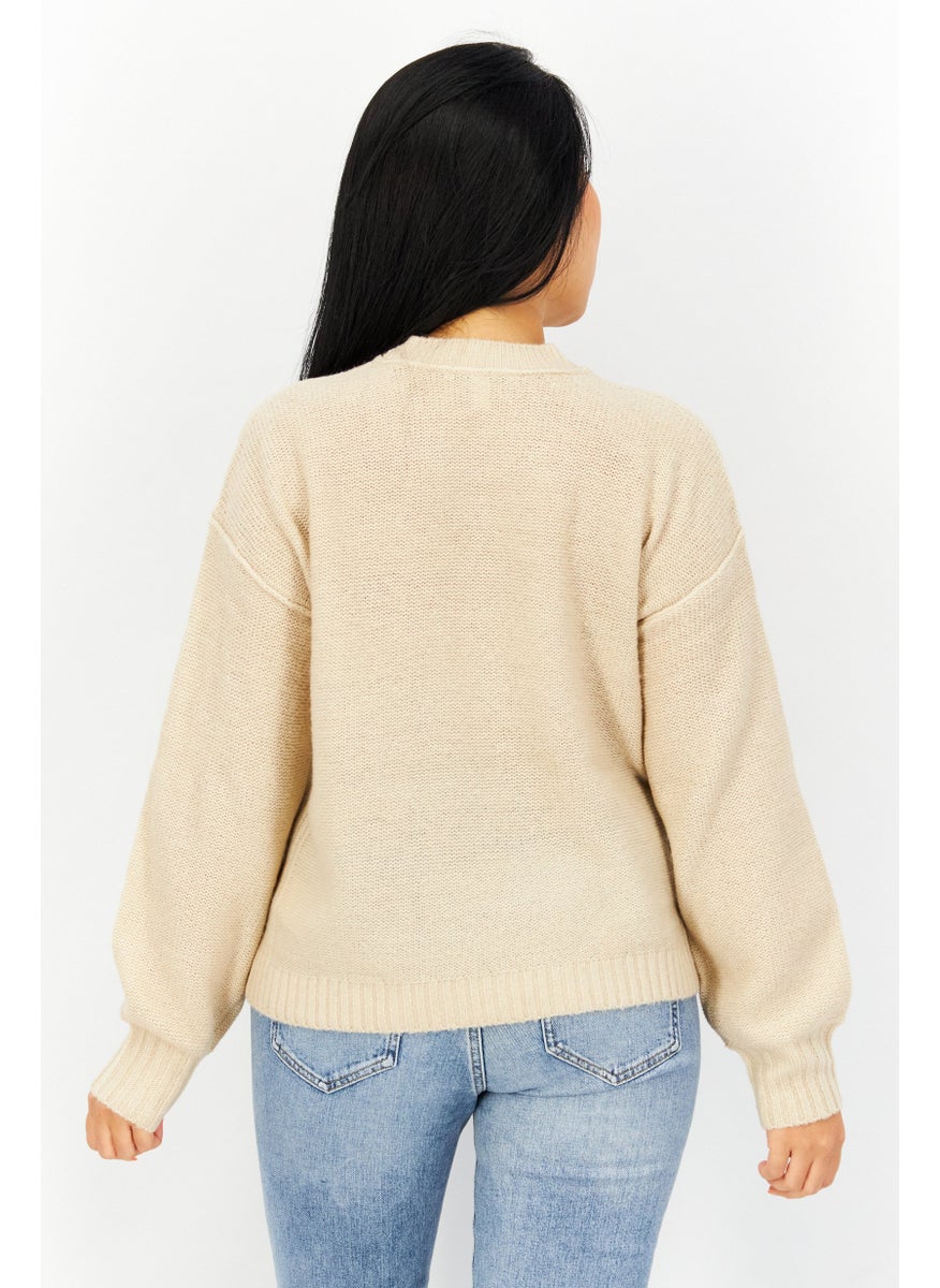 EDC Women Crew Neck Knitted Sweater, Tan  - Image 2