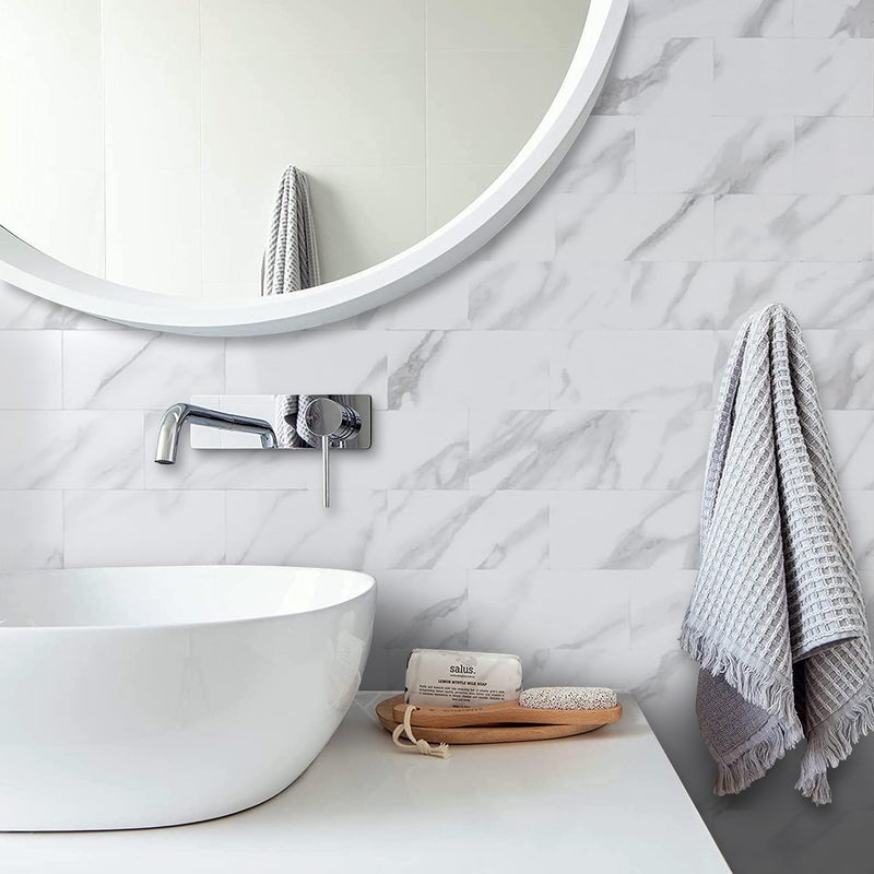 AULIGET 100 Piece Peel and Stick Backsplash PVC Tile, 3" x 6" Polished White Marble Look Stick on Tiles for Backsplash Kitchen, Bathroom, Laundry Room, Camper, Fireplace - Image 5