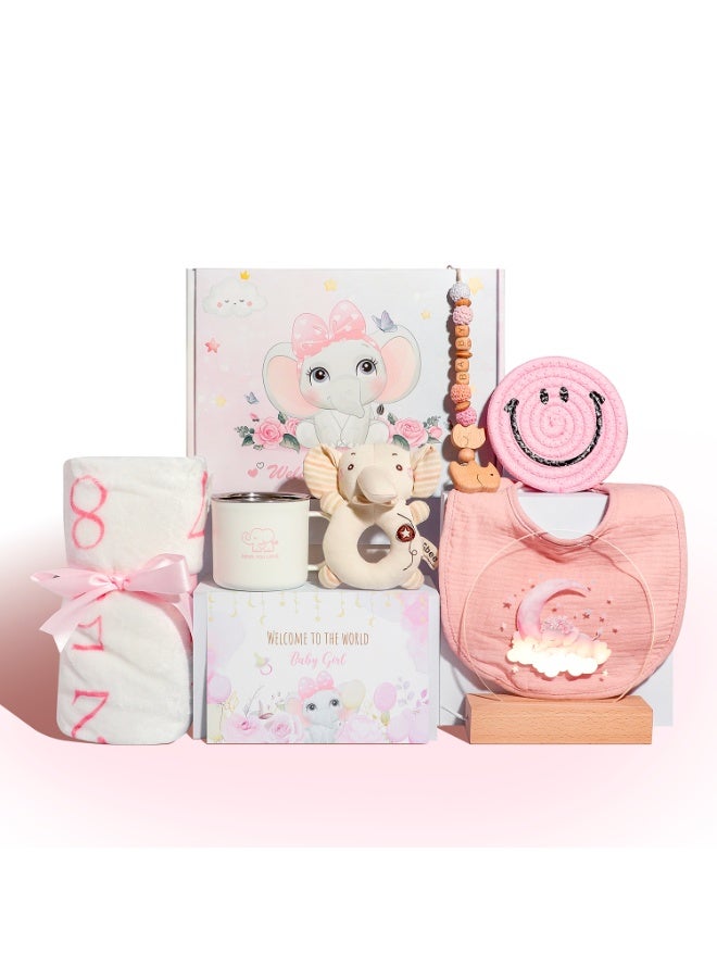 Gift Basket for Baby, Newborn Gift Set with Cute Elephant Rattle Soothing Toy Baby Blanket Moon Night Light(9 Pcs), The Best Choice for Expecting Parents Use or Gift Giving, Pink & Blue are Available - Image 2