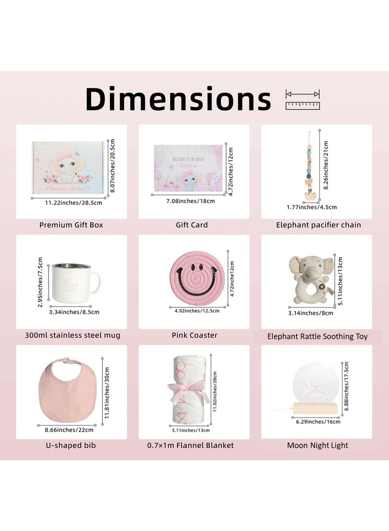 Gift Basket for Baby, Newborn Gift Set with Cute Elephant Rattle Soothing Toy Baby Blanket Moon Night Light(9 Pcs), The Best Choice for Expecting Parents Use or Gift Giving, Pink & Blue are Available - Image 3