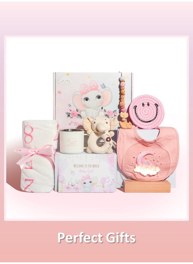 Gift Basket for Baby, Newborn Gift Set with Cute Elephant Rattle Soothing Toy Baby Blanket Moon Night Light(9 Pcs), The Best Choice for Expecting Parents Use or Gift Giving, Pink & Blue are Available - Image 1