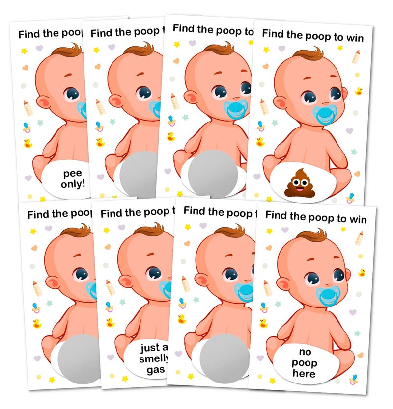 RokAPary Baby Shower Boy Scratch Off Poop Game Easy to Play Silly Games Funny Idea Ice Breaker Activity Raffle Cards Blue Pacifier Set of 40 Cards Made in USA - Image 2