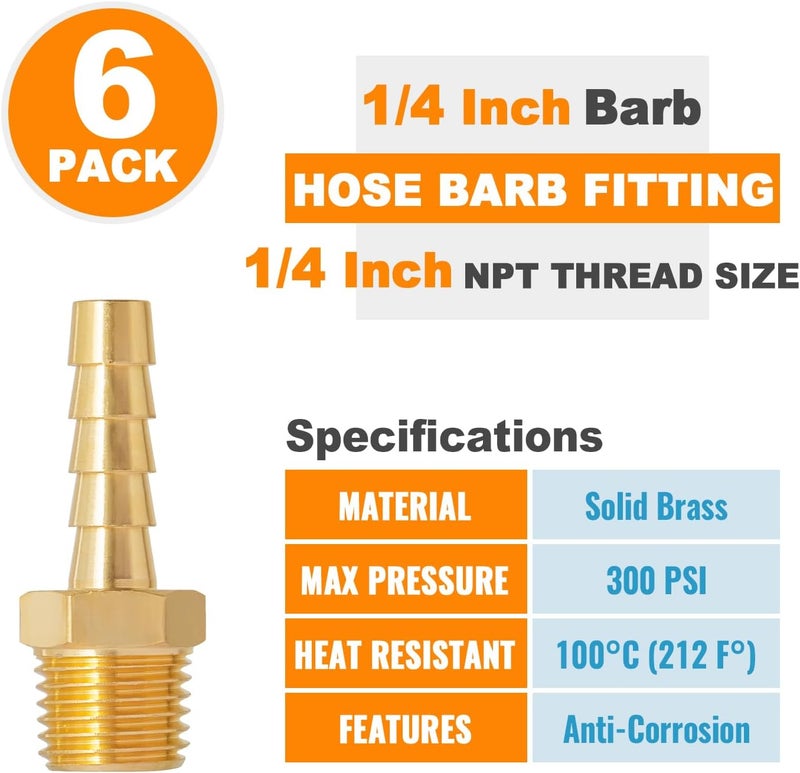 SUNGATOR 6-Pack 1/4 Inch Hose Barb Fittings, Brass Air Hose Fittings, 1/4'' Male NPT Pipe Thread × 1/4'' Barb End Adapter, Brass Air Line Repair Kit for Compressor - Image 4