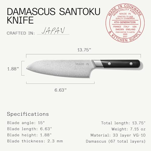 Madein Made In Cookware | 6" Japanese Damascus Steel Santoku Knife | 66 Layers of Damascus Steel with a VG-10 Core | Crafted in Japan | Full Tang With Black POM Handle - Image 5