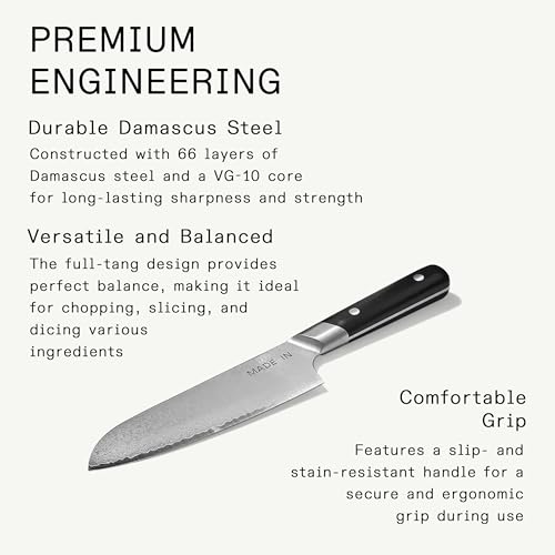 Madein Made In Cookware | 6" Japanese Damascus Steel Santoku Knife | 66 Layers of Damascus Steel with a VG-10 Core | Crafted in Japan | Full Tang With Black POM Handle - Image 3