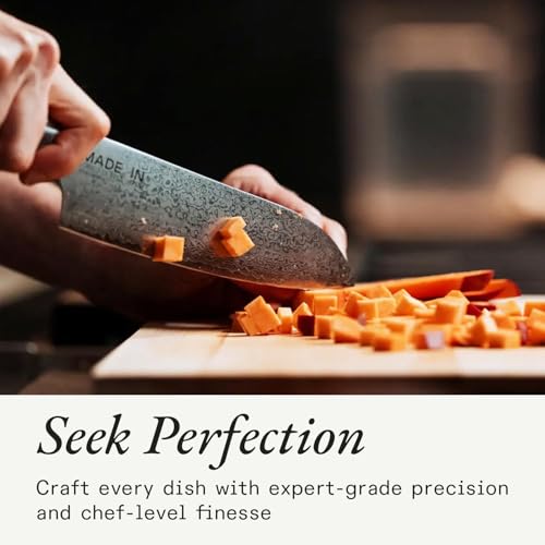 Madein Made In Cookware | 6" Japanese Damascus Steel Santoku Knife | 66 Layers of Damascus Steel with a VG-10 Core | Crafted in Japan | Full Tang With Black POM Handle - Image 4