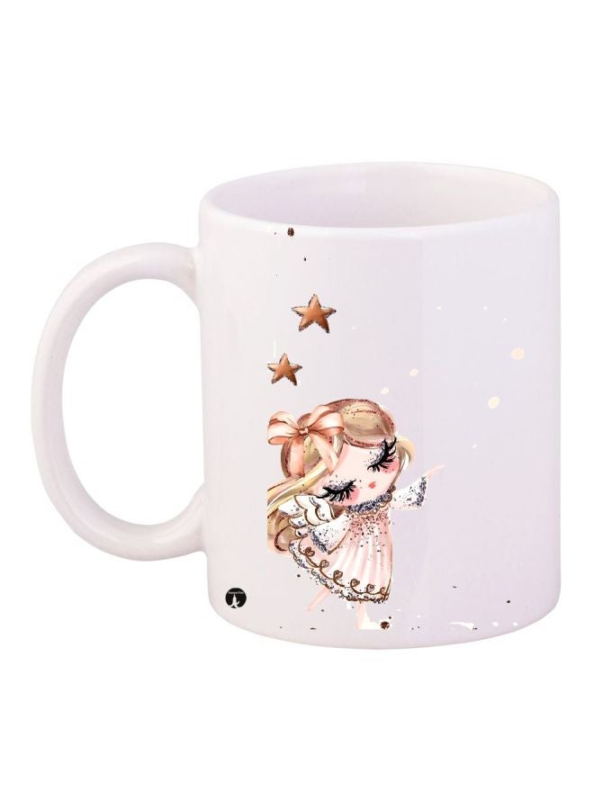 RYN Cartoon Girl Printed Coffee Mug White/Beige/Pink 11ounce