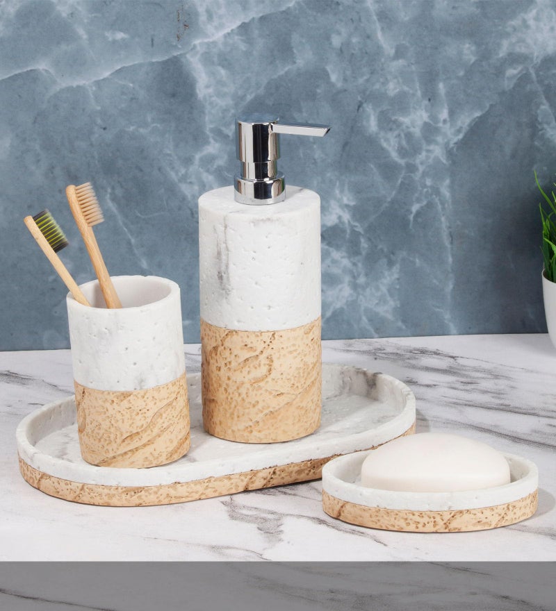 OBSESSIONS Set of 4 Pc Polyresin Bathroom Set, Beige - Image 1