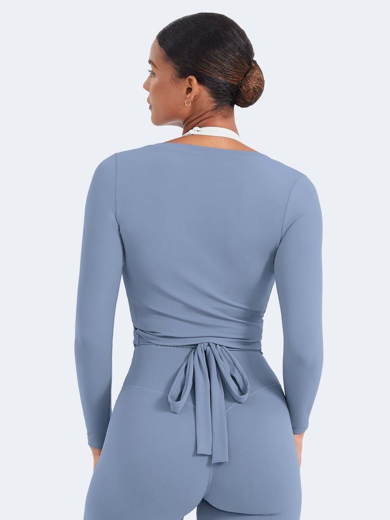 YEOREO Women Pilates Wrap Top Long Sleeve Tie Ballet Workout Yoga Shirt Michelie Y2K V Neck Cropped Tops Granite Blue S - Image 4