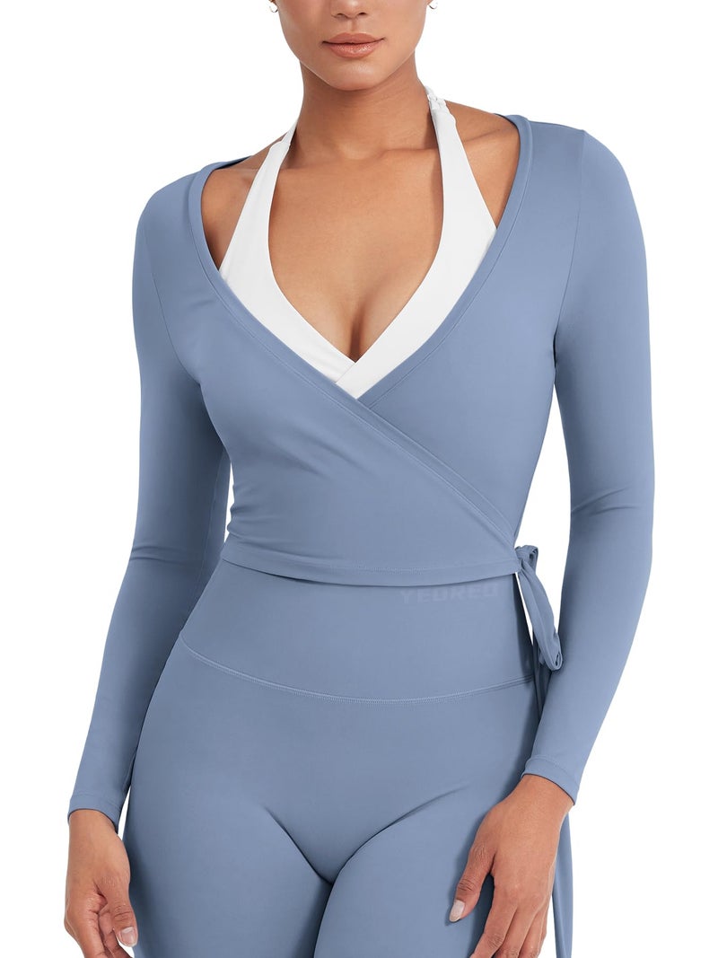 YEOREO Women Pilates Wrap Top Long Sleeve Tie Ballet Workout Yoga Shirt Michelie Y2K V Neck Cropped Tops Granite Blue S - Image 1