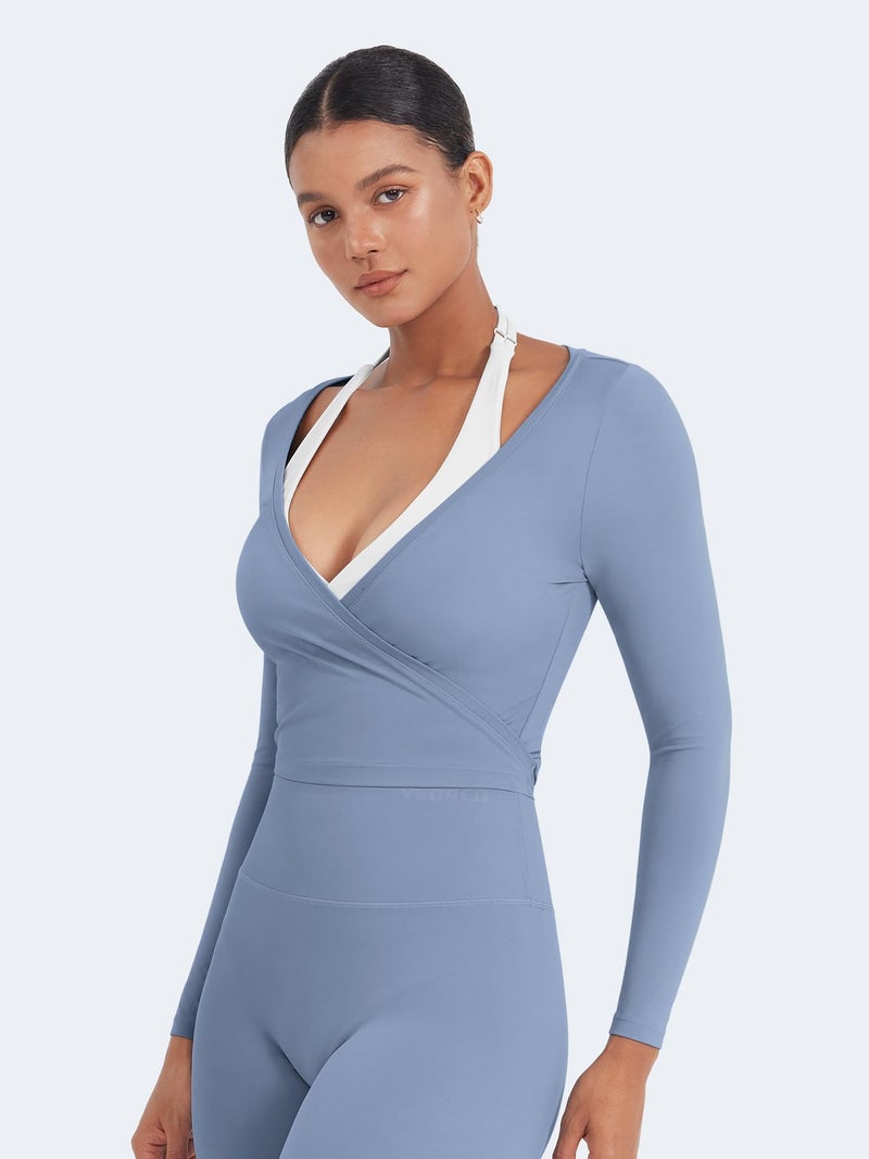 YEOREO Women Pilates Wrap Top Long Sleeve Tie Ballet Workout Yoga Shirt Michelie Y2K V Neck Cropped Tops Granite Blue S - Image 3