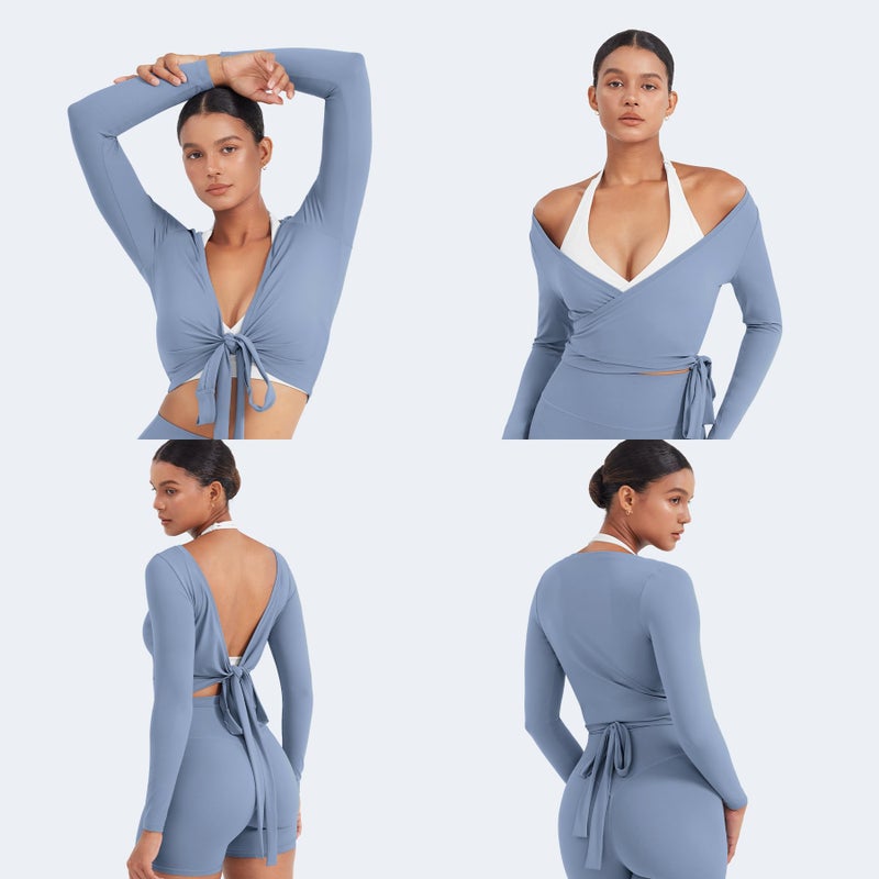YEOREO Women Pilates Wrap Top Long Sleeve Tie Ballet Workout Yoga Shirt Michelie Y2K V Neck Cropped Tops Granite Blue S - Image 5