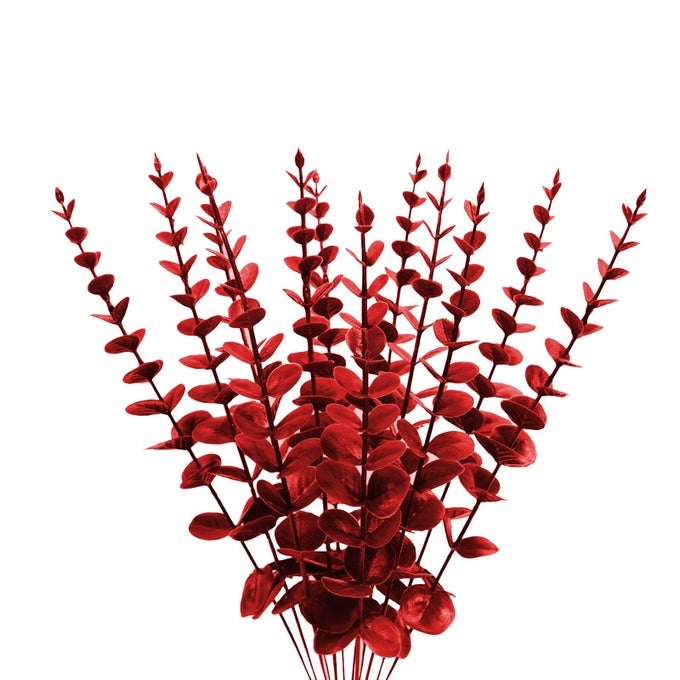 PLASTIC EUCALYPTUS WINE RED STEMS 12 PCS FAKE FAUX DECORATIONS WITH ARTIFICIAL LEAVES GREENERY PLANT LEAF SUITABLE HOME OFFICE HOUSE TABLE DESK DECOR WEDDING PARTY VASE FOREVER LIVE